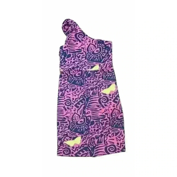 TRACY NEGOSHIAN Women's XS- Pink & Blue Geometric One Shoulder Dress Knee Lth D2 - Picture 2 of 9